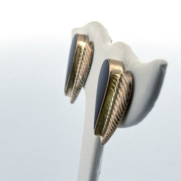 Estate Sterling Silver 925 ND Black Onyx Modernist Ribbed Heart Stud Earrings - Picture 4 of 8